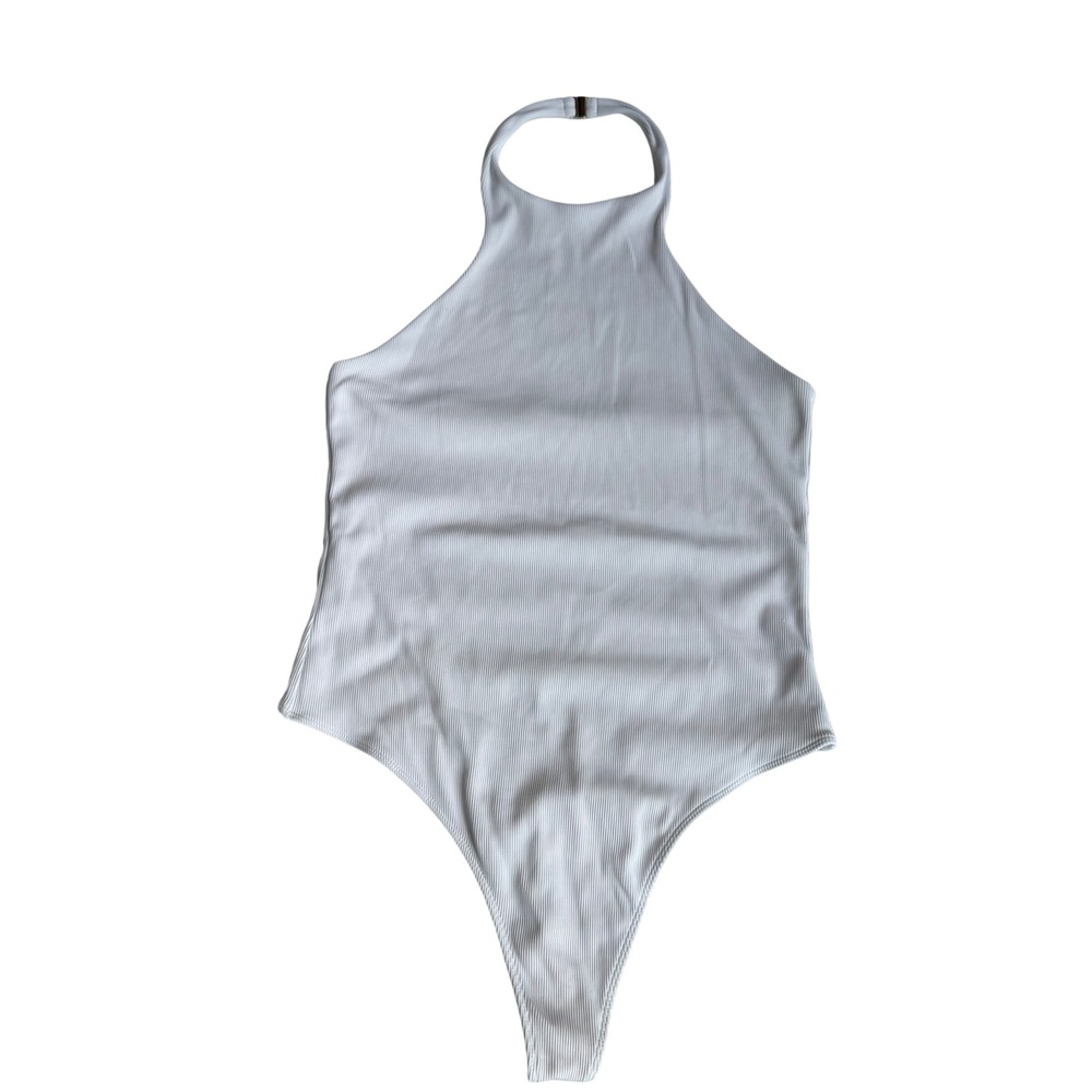 Babaton Aritzia White Ribbed Halter Bodysuit Women L Minimalist Sleek Summer